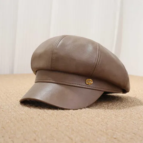Gorra Newsboy de Cuero PU para Mujer Estilo Británico Vintage Sombrero Octogonal Color Sólido Boina Ajustable Para Otoño Invierno