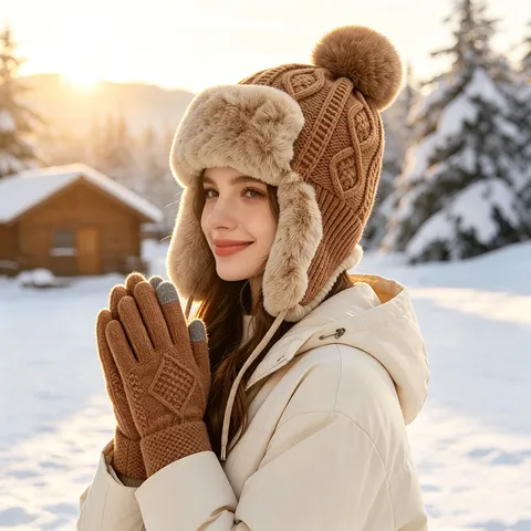 Winter Warm Knitted Bomber Hat And Touch Screen Gloves Set Cute Pompon Earflap Hat Outdoor Cold Weather Gear