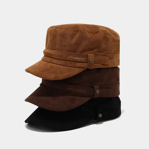 Vintage Suede Flat Top Military Cap Short Brim Cadet Hat Metal Buckle Letter Embroidery Unisex Hat For Autumn Winter