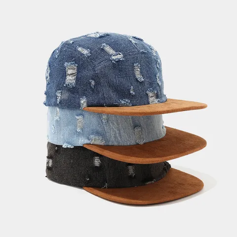 Gorra de Ala Plana de Denim Roto Estilo Urbano Visera Ante Sintético Bloque de Color Sombrero Hip-Hop de 5 Paneles para Hombres Mujeres