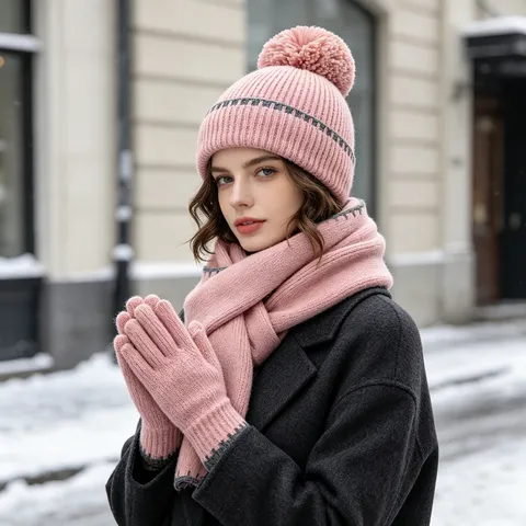 Conjunto de Tres Piezas de Gorro de Punto con Pompón Bufanda Larga Guantes sin Dedos Acrílico Cálido de Invierno Costuras Contrastantes