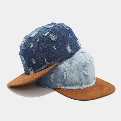Gorra de Ala Plana de Denim Roto Estilo Urbano Visera Ante Sintético Bloque de Color Sombrero Hip-Hop de 5 Paneles para Hombres Mujeres