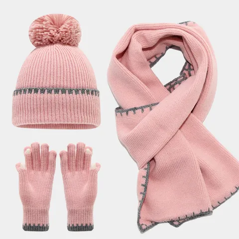 Conjunto de Tres Piezas de Gorro de Punto con Pompón Bufanda Larga Guantes sin Dedos Acrílico Cálido de Invierno Costuras Contrastantes