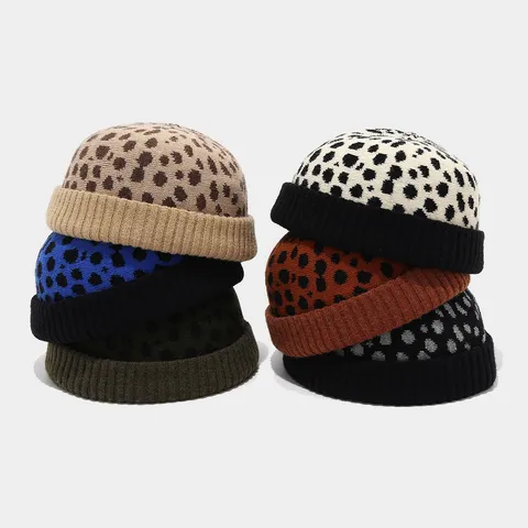 Unisex Fashion Leopard Print Acrylic Knitted Miki Hat Autumn Winter Warm Docker Cap Roll Edge Short Brim Beanie
