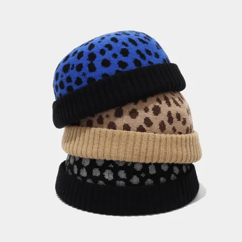 Unisex Fashion Leopard Print Acrylic Knitted Miki Hat Autumn Winter Warm Docker Cap Roll Edge Short Brim Beanie