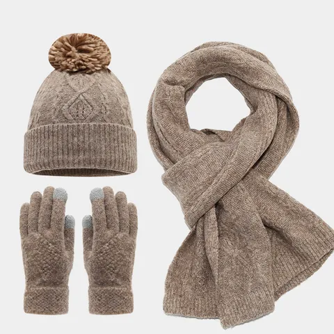 Invierno Diamante Tejido de Trenzas Gorro Bufanda Guantes Conjunto de Tres Piezas Pompón Gorro Guantes Tactiles Accesorios Cálidos