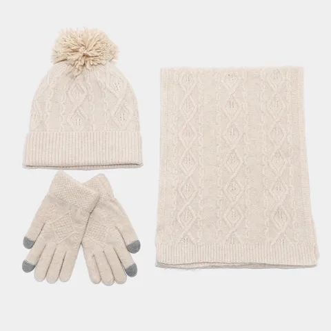 Invierno Diamante Tejido de Trenzas Gorro Bufanda Guantes Conjunto de Tres Piezas Pompón Gorro Guantes Tactiles Accesorios Cálidos