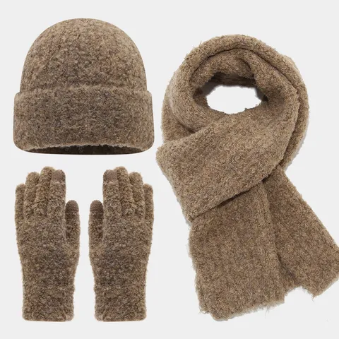 Ensemble Bonnet Écharpe Et Gants Tricotés Chauds d'Hiver Unisexe Couleur Unie Acrylique Écran Tactile Gants Écharpe pour Extérieur Coupe-Vent