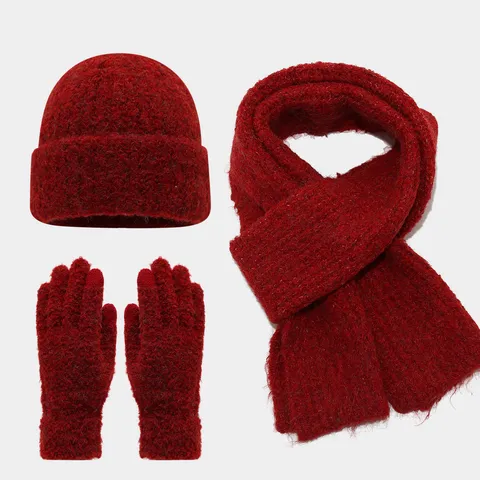 Invierno Cálido Gorro Bufanda y Guantes Conjunto de Tres Piezas Retro Grueso Color Sólido Accesorios de Exterior para Clima Frío