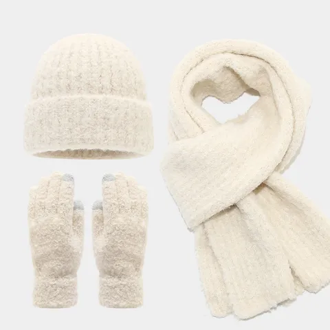 Ensemble Bonnet Écharpe Et Gants Tricotés Chauds d'Hiver Unisexe Couleur Unie Acrylique Écran Tactile Gants Écharpe pour Extérieur Coupe-Vent