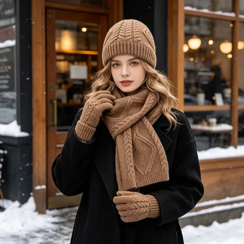 Invierno Color Sólido Tejido de Trenzas Gorro Bufanda Y Guantes Espesados Suaves Cálidos Clima Frío Conjunto de Tres Piezas