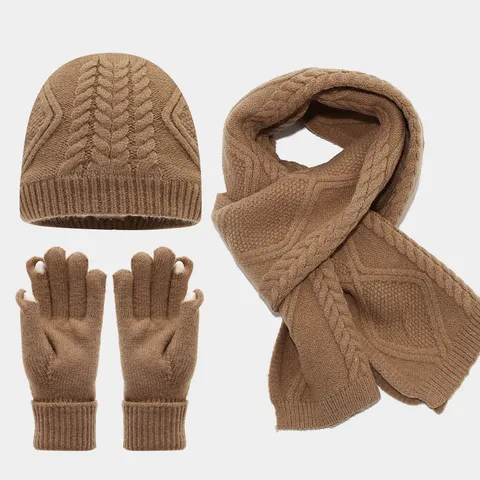 Invierno Color Sólido Tejido de Trenzas Gorro Bufanda Y Guantes Espesados Suaves Cálidos Clima Frío Conjunto de Tres Piezas