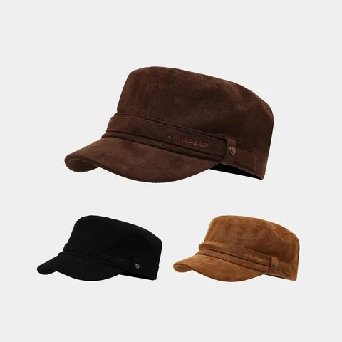 Vintage Suede Flat Top Military Cap Short Brim Cadet Hat Metal Buckle Letter Embroidery Unisex Hat For Autumn Winter