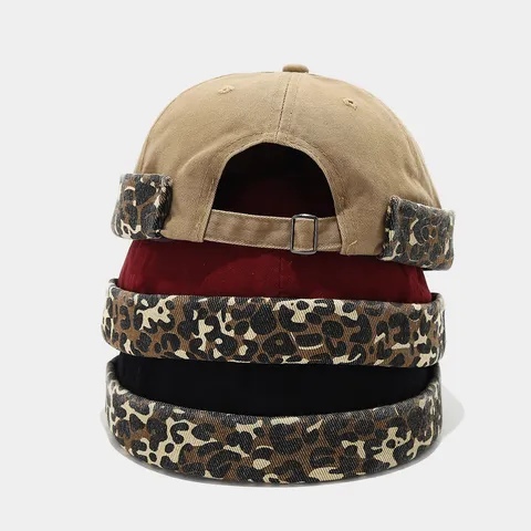 Retro Leopard Print Patchwork Brimless Cap Men Women Korean Style Cotton Miki Hat Adjustable Streetwear Hip Hop Landlord Hat