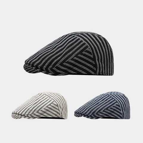 Casquette Plate Rayée Rétro en Coton Bérêt Newsboy Chapeau Style Rétro Décontracté Streetwear Protection Solaire Pour Hommes Femmes