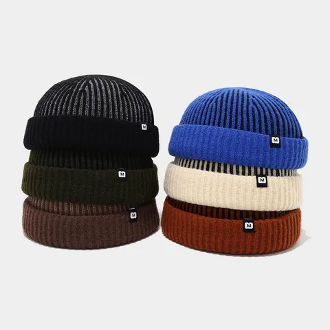 Gorro de Punto con Rayas Verticales y Bloques de Color Unisex con Borde Enrollado Streetwear Cálido Invierno
