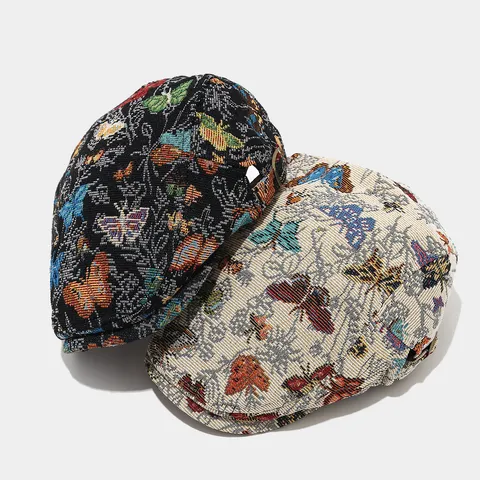 Women Retro Butterfly Jacquard Newsboy Cap Vintage Ethnic Style Woven Beret Adjustable Hat For Daily Wear