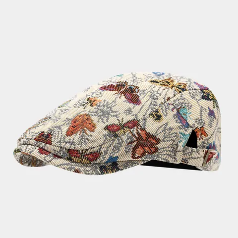 Women Retro Butterfly Jacquard Newsboy Cap Vintage Ethnic Style Woven Beret Adjustable Hat For Daily Wear