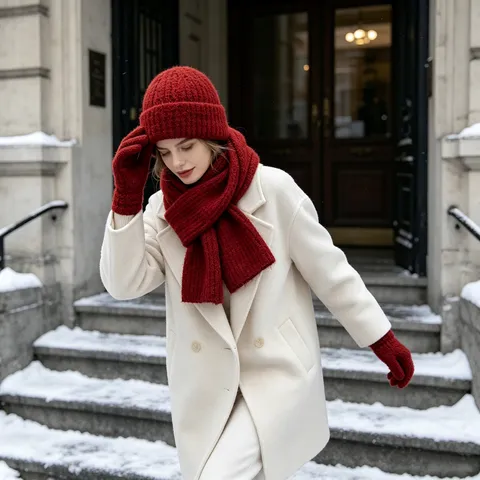 Invierno Cálido Gorro Bufanda y Guantes Conjunto de Tres Piezas Retro Grueso Color Sólido Accesorios de Exterior para Clima Frío