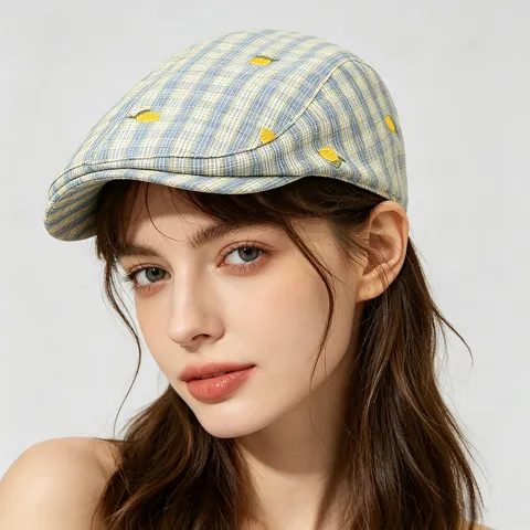 Cappello a Secchiello in Cotone a Quadri Dolce da Donna Motivo a Limone Ricamato Corona Piatta Morbida e Traspirante Cappello Parasole da Esterno Casual Accessori Moda
