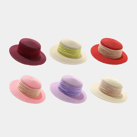 French Vintage Flat Top Boater Straw Hat For Women Summer Beach Sun Hat With Wide Ribbon Decoration Paper Straw Sunshade Cap