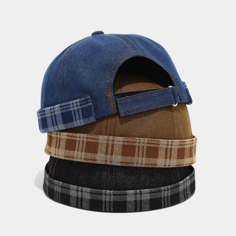 American Retro Plaid Denim Brimless Skull Cap For Men Women Streetwear Adjustable Miki Hat Vintage Sailor Docker Cap