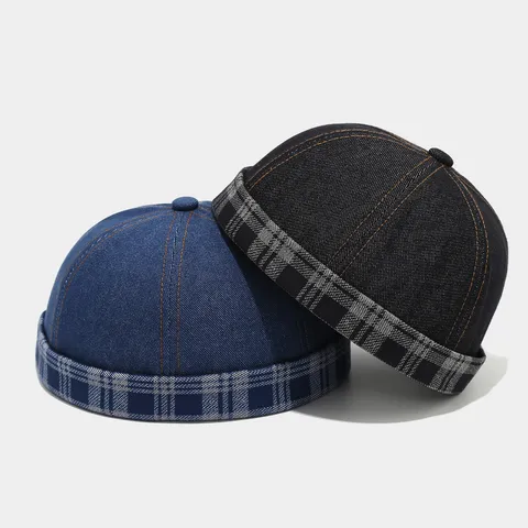 American Retro Plaid Denim Brimless Skull Cap For Men Women Streetwear Adjustable Miki Hat Vintage Sailor Docker Cap