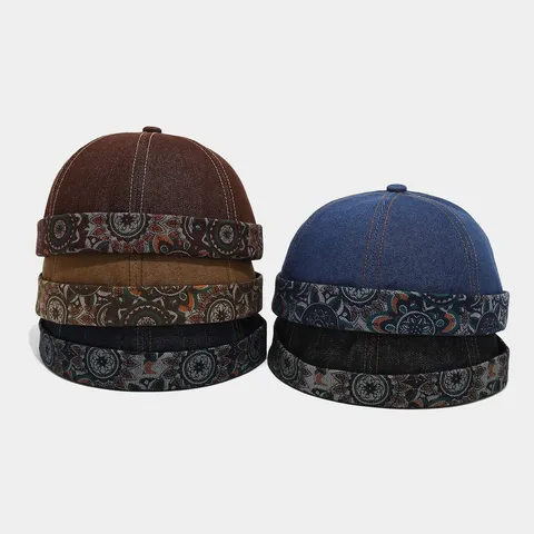 Retro Washed Denim Brimless Hat For Men Vintage Paisley Print Sailor Hat Adjustable Streetwear Landlord Skullcap Yuppie Cap