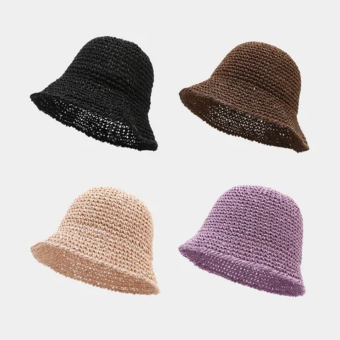 Women's Summer Straw Bucket Hat Hollow Breathable Beach Sun Hat Folding Sunscreen Fisherman Hat For Travel Vacation