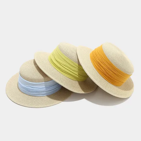 French Vintage Flat Top Boater Straw Hat For Women Summer Beach Sun Hat With Wide Ribbon Decoration Paper Straw Sunshade Cap