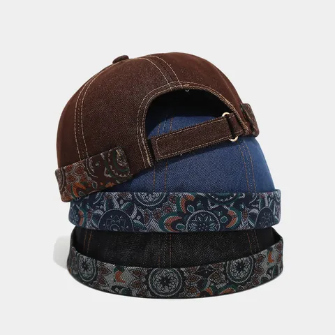Retro Washed Denim Brimless Hat For Men Vintage Paisley Print Sailor Hat Adjustable Streetwear Landlord Skullcap Yuppie Cap
