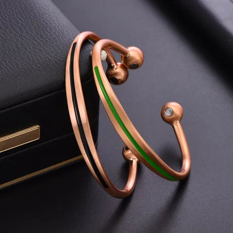 Vintage Pure Copper Magnetic Therapy Bracelet Enamel Open Adjustable Brushed Bangle Geometric Cuff Wristband For Men Women Jewelry