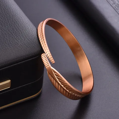 Minimalist Copper Leaf Bangle Feather Open Adjustable Bracelet Cuff With Feather Ring Set Vintage Artistic Hand Jewelry For Adults