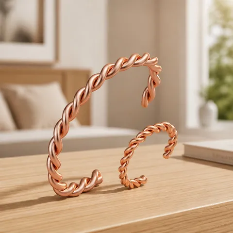 Vintage Pure Copper Twisted Open Bangle Ring Set For Women Men Couple Retro Fashion Twisted Cable Cuff Bracelet Statement Hand Jewelry Gift