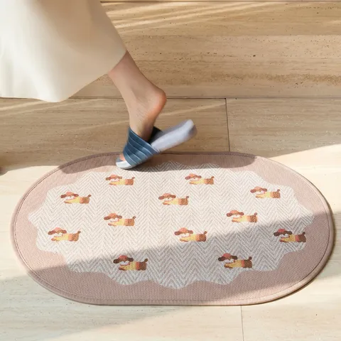Modern Cream Style Polyester Oval Bathroom Floor Mat Cute Cartoon Dog Print Anti Slip Water Absorbent Door Rug For Home