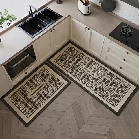 Nordic Imitation Linen Kitchen Floor Mat Modern Minimalist Non Slip Oil Proof Water Absorbent Geometric Woven Texture Runner Rug
