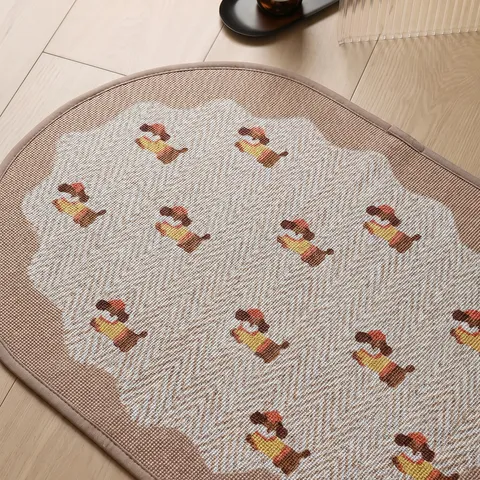 Modern Cream Style Polyester Oval Bathroom Floor Mat Cute Cartoon Dog Print Anti Slip Water Absorbent Door Rug For Home