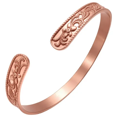 Vintage Pure Copper Open Cuff Bracelet For Women Adjustable Retro Floral Pattern Embossed Elegant Hand Jewelry Fashion Gift