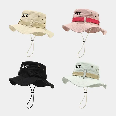Polyester Hiking Bucket Hat With Windproof Drawstring Embroidered Letter Breathable Sun Protection Outdoor Shading Hat For Unisex