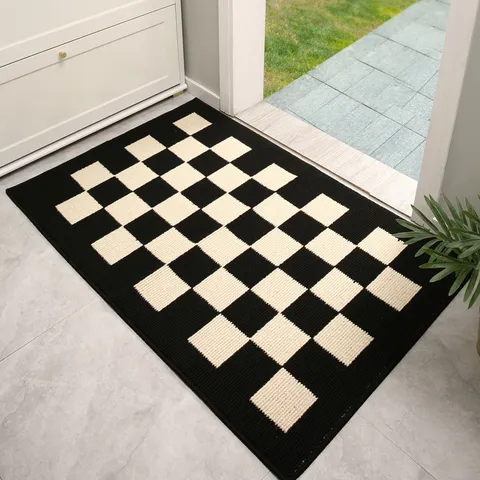 Alfombra de Piso Exterior Moderna Tablero Ajedrez Polipropileno Geométrico Tapete Entrada Casa Antideslizante para Balcón