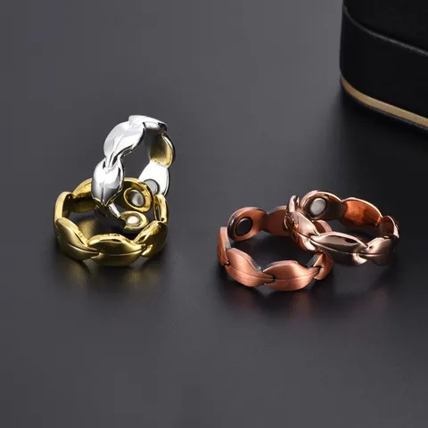 Vintage Copper Alloy Magnetic Therapy Open Ring For Men Women Leaf Pattern Adjustable Health Energy Ring Jewelry Gift