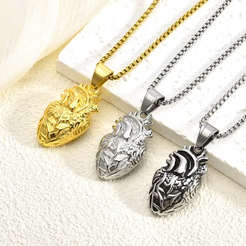 Vintage Stainless Steel Anatomical Heart Pendant Necklace For Men Women Punk Totem Electroplated Geometric Necklaces Gift
