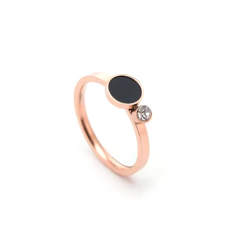 Minimalist Titanium Steel Rose Gold Plated Open Ring For Women French Vintage Style Rhinestone Inlaid Geometric Round Black Disc Finger Ring Jewelry Gift