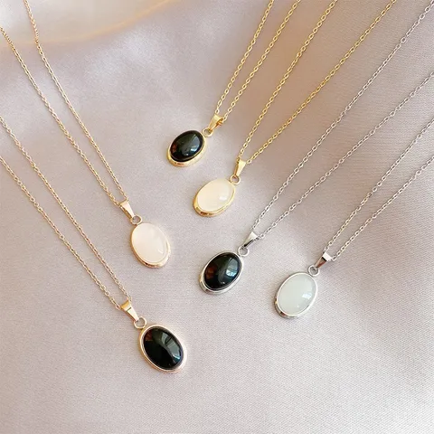 Minimalist Stainless Steel Necklace For Women Elegant Oval Artificial Cat's Eye Stone Pendant Rose Gold Plated Jewelry Gift
