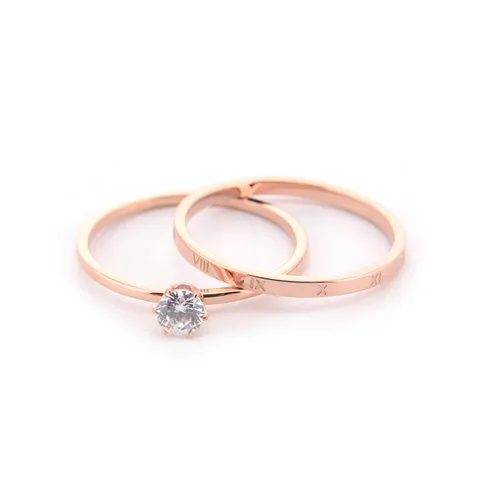 Fashion Titanium Steel Roman Numeral Ring Set Rose Gold Rhinestone Geometric Double Layer Ring For Women Valentine Gift Jewelry