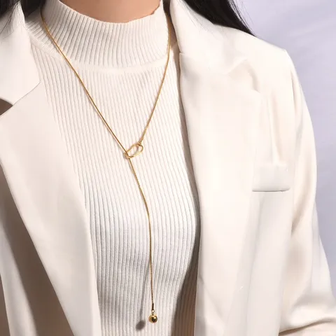 Collana Lunga Catena da Maglione a Forma di Y in Acciaio al Titanio Minimalista da Donna Pendente a Perla Rotonda con Anello Ovale Geometrico Gioielli di Lusso