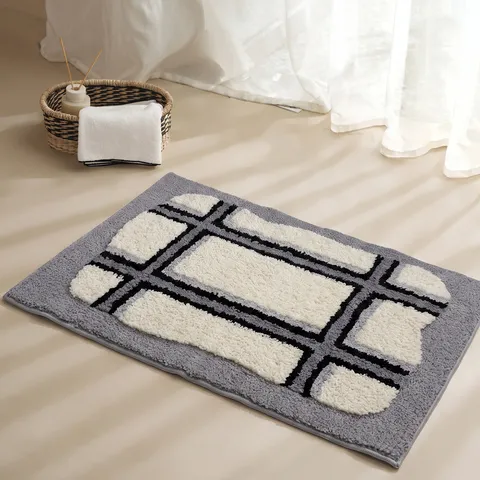 Modern Minimalist Geometric Polyester Floor Mat Water Absorbent Non Slip Bathroom Doormat Nordic Color Block Machine Woven Bedroom Area Rug