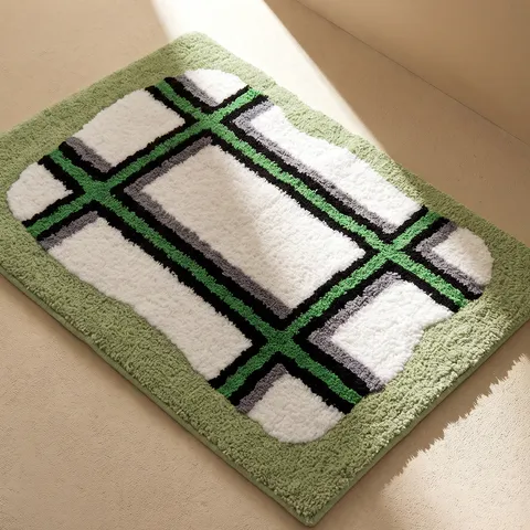 Thick Absorbent Bathroom Floor Mat Non-Slip Geometric Grid Plush Doormat For Shower Room Entrance Machine Washable Rug