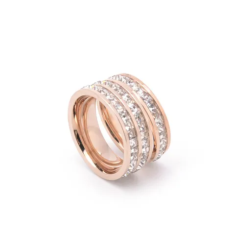 Rose Gold Double Row Pavé Rhinestone Stainless Steel Ring For Men Women Fashion Luxury Geometric Inlaid Finger Ring Jewelry