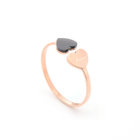 Korean Fashion Titanium Steel Rose Gold Open Ring Black Acrylic Double Heart Adjustable Finger Ring For Women Daily Commute Jewelry